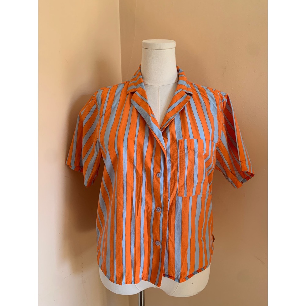 Marimekko x Uniqlo Orange Blue Striped Short Sleeve Cotton Button Up Shirt M